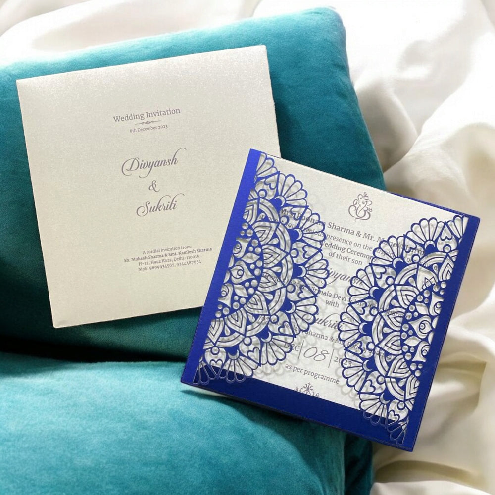 KL8009-2 Laser Cut Paper Wedding Card with 2 Card Inserts & 1 Envelope-Kalash Cards