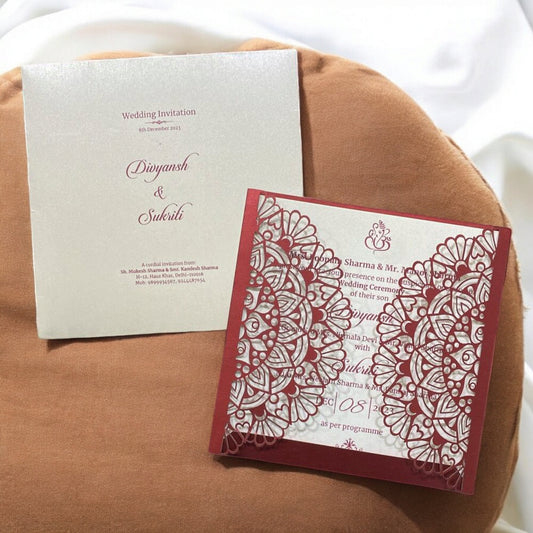 KL8009-1 Laser Cut Paper Wedding Card with 2 Card Inserts & 1 Envelope-Kalash Cards