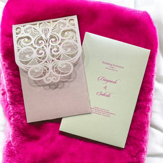 KL8005-4 Laser Cut Paper Wedding Card with 2 Card Inserts & 1 Envelope-Kalash Cards