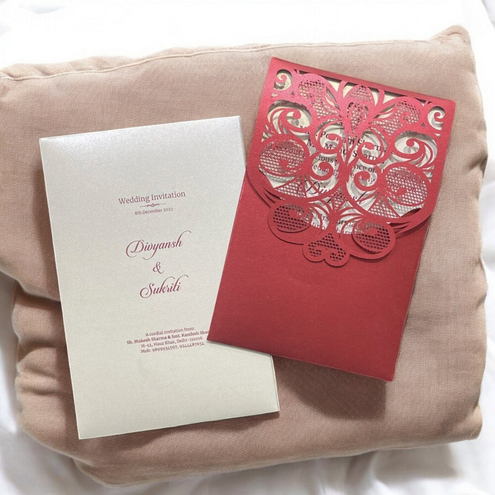 KL8005-1 Laser Cut Paper Wedding Card with 2 Card Inserts & 1 Envelope-Kalash Cards