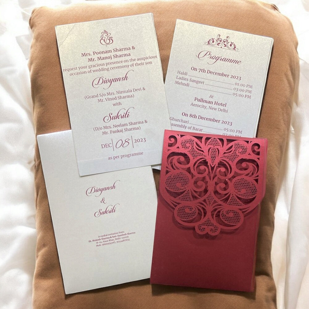 KL8005-1 Laser Cut Paper Wedding Card with 2 Card Inserts & 1 Envelope-Kalash Cards