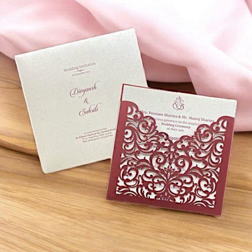 KL8002-1 Laser Cut Paper Wedding Card with 2 Card Inserts & 1 Envelope-Kalash Cards