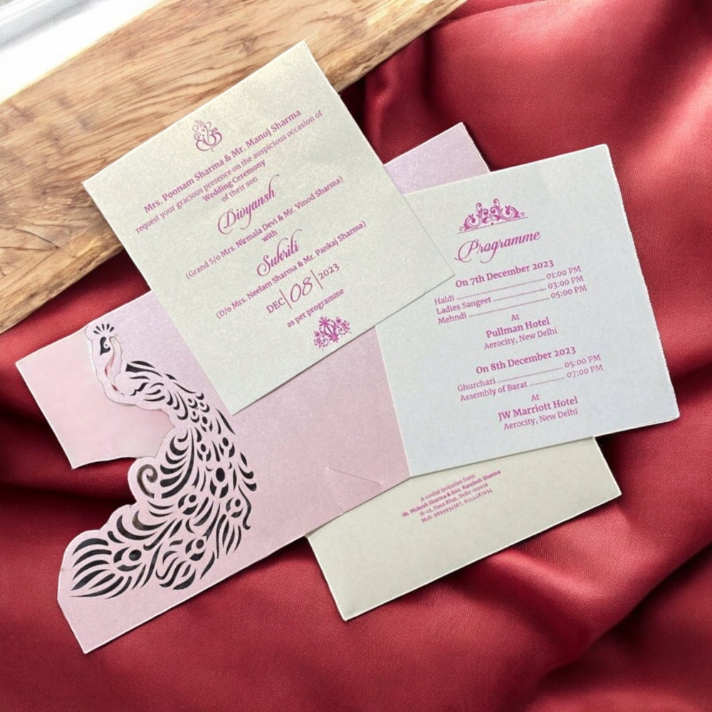 KL8001-4 Laser Cut Paper Wedding Card with 2 Card Inserts & 1 Envelope-Kalash Cards