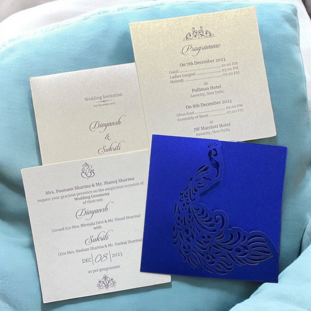 KL8001-2 Laser Cut Paper Wedding Card with 2 Card Inserts & 1 Envelope-Kalash Cards