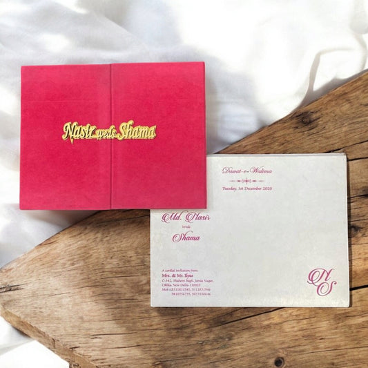 KL9008 Door Style Velvet Fabric Thick Luxury Wedding Card with 2 Card Inserts, 1 Envelope and Couple Names Laser-Kalash Cards