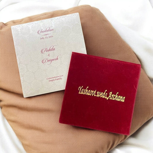 KL9014 Velvet Fabric Thick Luxury Wedding Card with 2 Card Inserts, 1 Envelope and Couple Names Laser-Kalash Cards