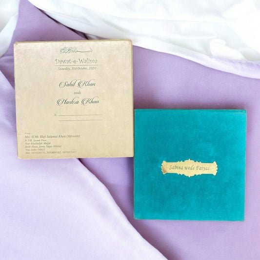 KL9015 Velvet Fabric Thick Luxury Wedding Card with 2 Printed Card Inserts, 1 Envelope and Acrylic Mirror with Couple Names-Kalash Cards