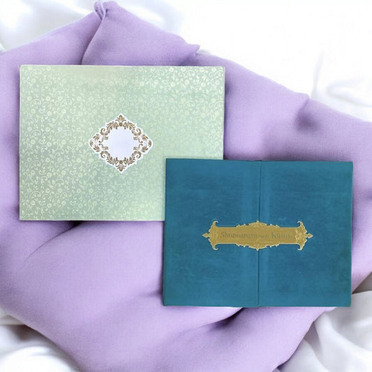 KL9009 Door Style Velvet Fabric Thick Luxury Wedding Card with 2 Card Inserts, 1 Envelope and Acrylic Mirror with Couple Names-Kalash Cards