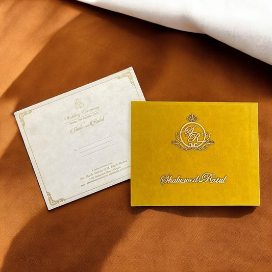 KL9007 Velvet Fabric Thick Luxury Wedding Card with 2 Card Inserts, 1 Envelope, Couple Names & Initials Laser-Kalash Cards