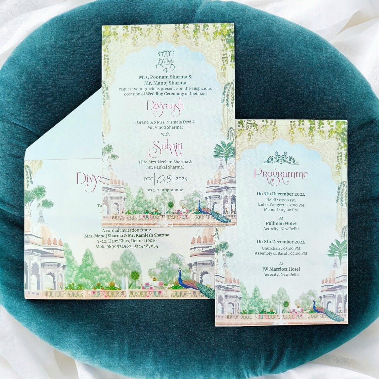 KL2212 Elegant Peacock Green Lush Design Luxury Wedding Invitation Card with 2 Printed Cards & Matching Envelope