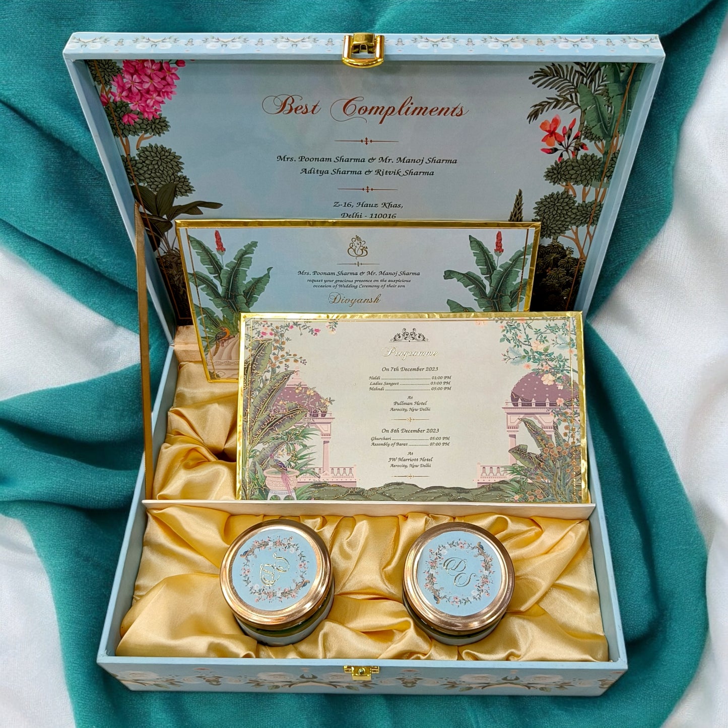 KL2169 Pichwai Theme MDF Wedding Gift Box with Customisable 2 Gold Foil Printed Cards (2 Jars)-Kalash Cards