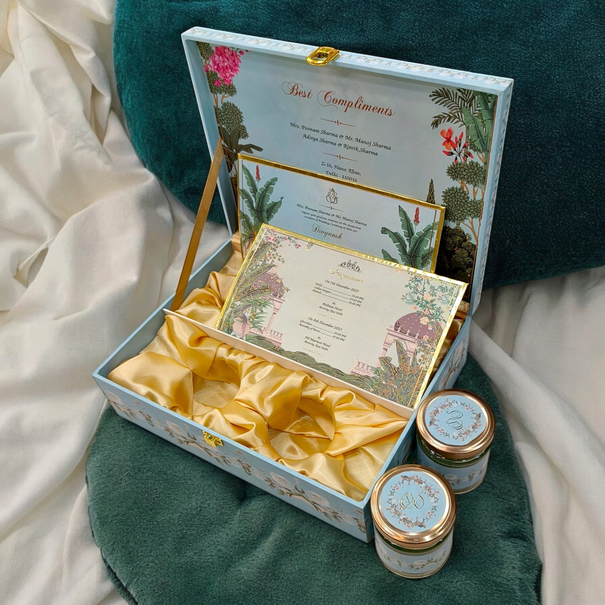 KL2169 Pichwai Theme MDF Wedding Gift Box with Customisable 2 Gold Foil Printed Cards (2 Jars)-Kalash Cards