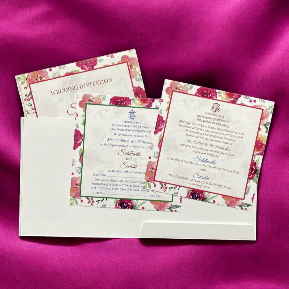 KL2064S1 Floral Design Premium Paper Wedding Card with 2 Inserts and Envelope-Kalash Cards