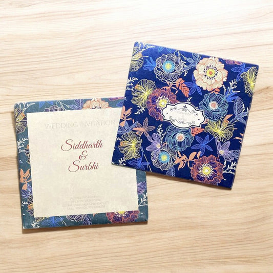 KL2061S1 Royal Blue Floral Design Premium Paper Wedding Card with 2 Inserts and Envelope-Kalash Cards