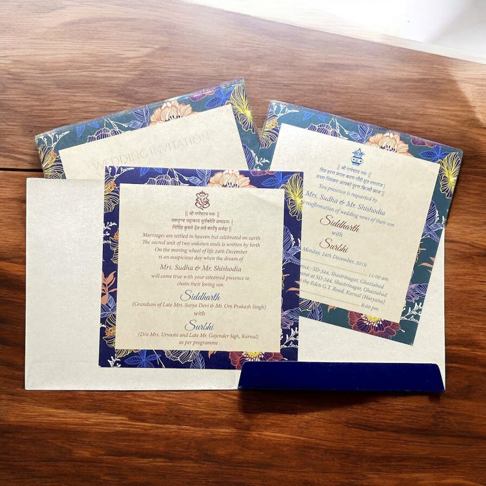 KL2061S1 Royal Blue Floral Design Premium Paper Wedding Card with 2 Inserts and Envelope-Kalash Cards