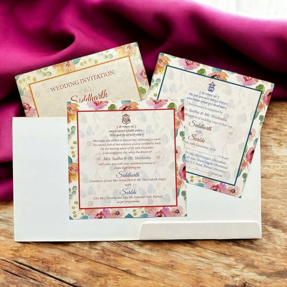 KL2060S1 Floral Design Premium Paper Wedding Card with 2 Inserts and Envelope-Kalash Cards