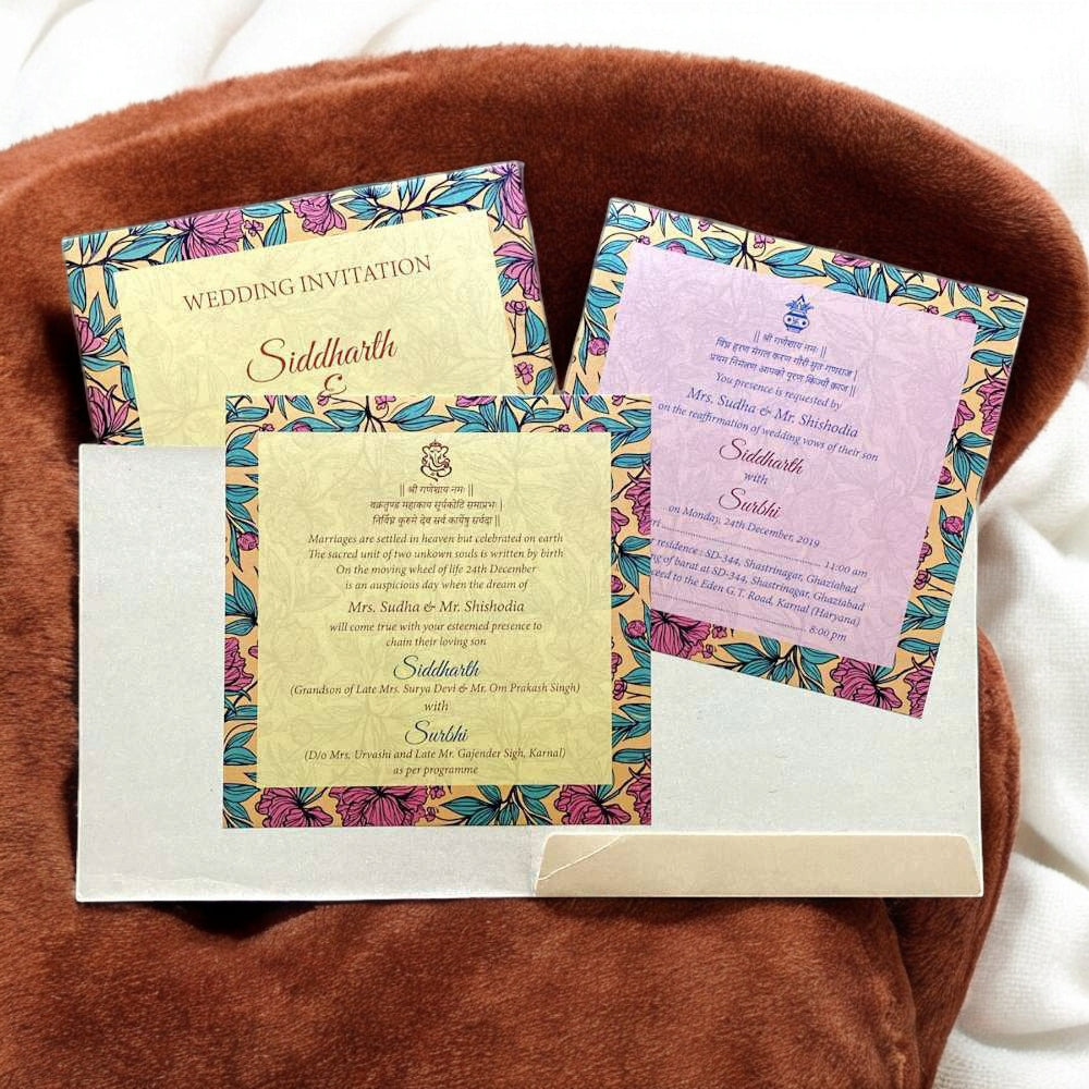 KL2055S1 Floral Design Premium Paper Wedding Card with 2 Inserts and Envelope-Kalash Cards
