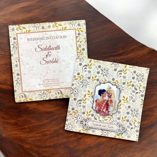 KL2053S1 Customised Middle Photo Floral Design Premium Paper Wedding Card with 2 Inserts and Envelope-Kalash Cards