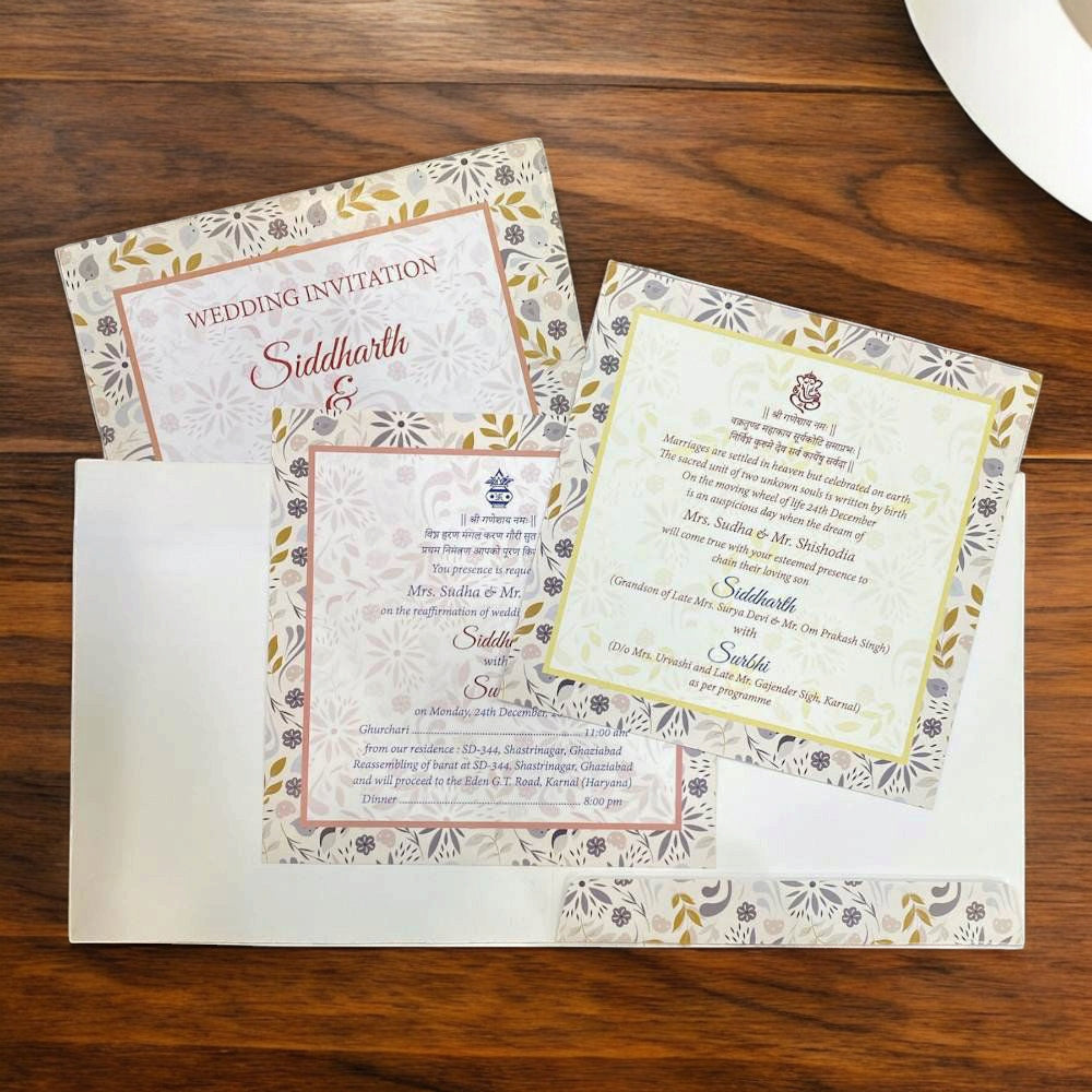 KL2053S1 Customised Middle Photo Floral Design Premium Paper Wedding Card with 2 Inserts and Envelope-Kalash Cards