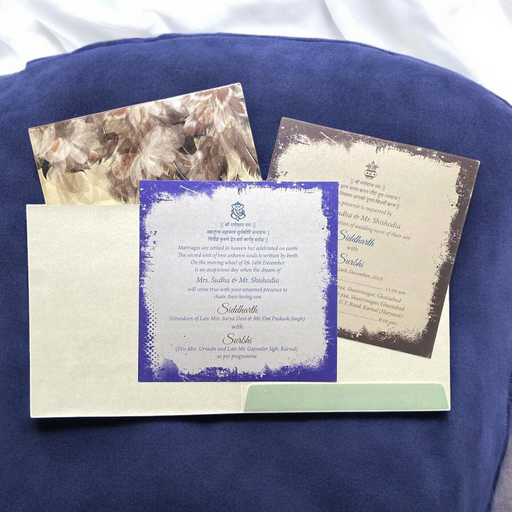 KL2042S1 Peacock Feather Morpankh Design Premium Paper Paper Wedding Card with 2 Inserts and Envelope-Kalash Cards