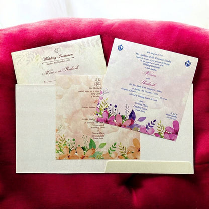 KL2039S1 Floral Design Premium Paper Wedding Card with 2 Inserts and Envelope-Kalash Cards