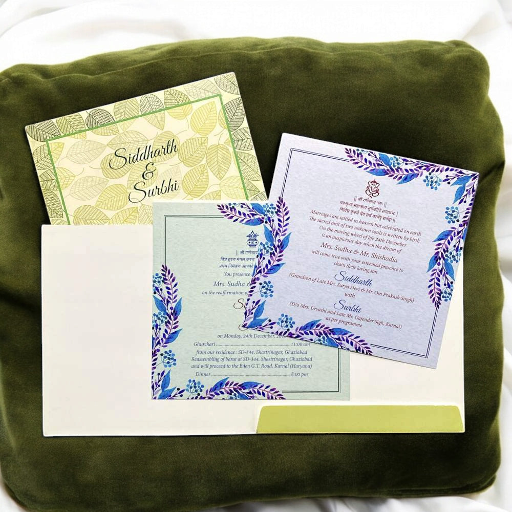 KL2036S1 Green Floral Design Premium Paper Wedding Card with 2 Inserts and Envelope-Kalash Cards
