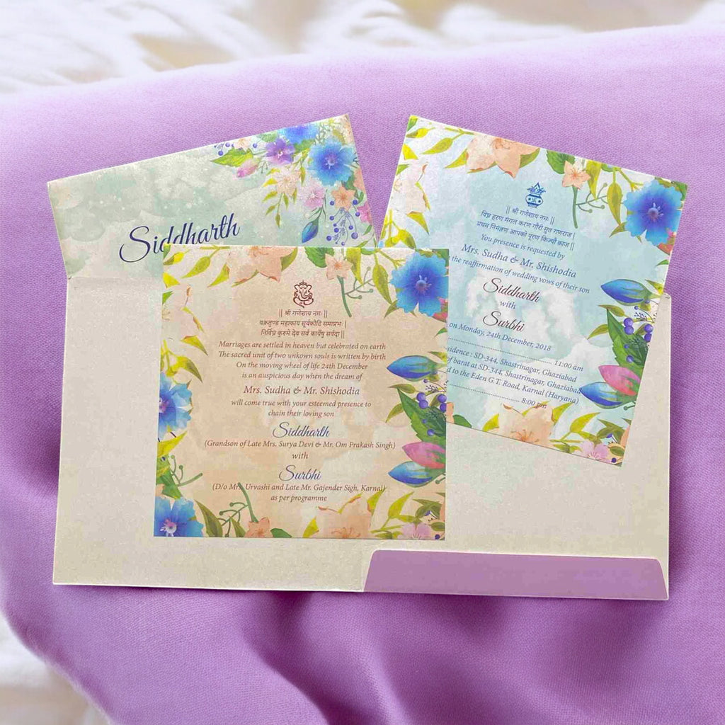 KL2034S1 Floral Design Premium Paper Wedding Card with 2 Inserts and Envelope-Kalash Cards