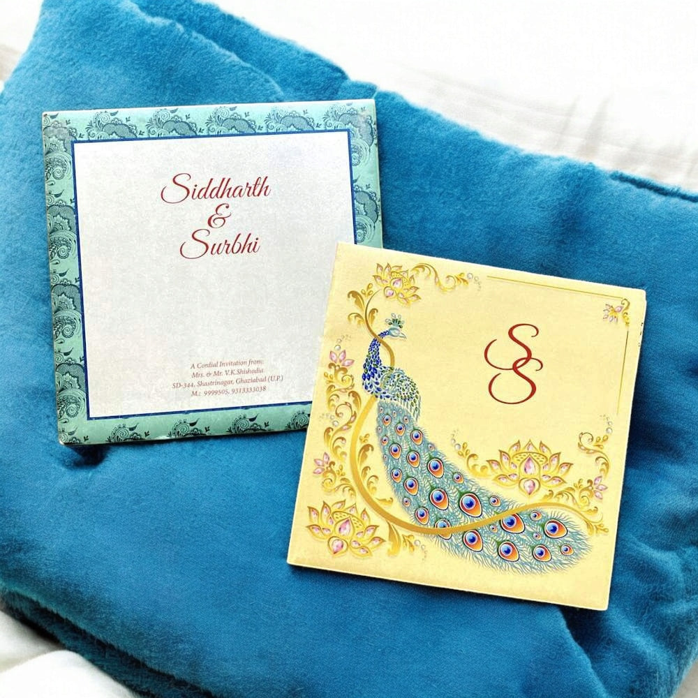 KL2030S1 Peacock Design Premium Paper Wedding Card with 2 Inserts and Envelope-Kalash Cards