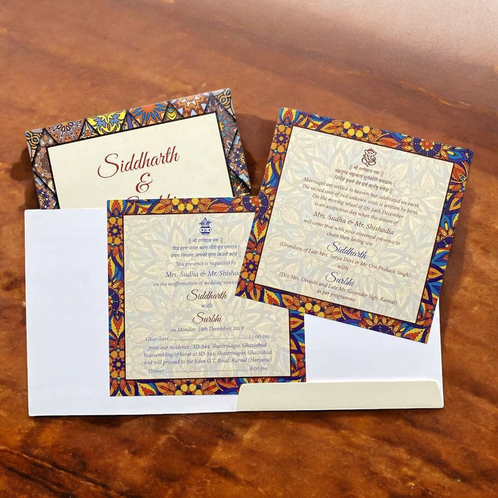 KL2029S1 Floral Mandala Design Premium Paper Wedding Card with 2 Inserts and Envelope-Kalash Cards