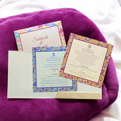 KL2021S1 Colorful Geometrical Design Premium Paper Wedding Card with 2 Inserts and Envelope-Kalash Cards