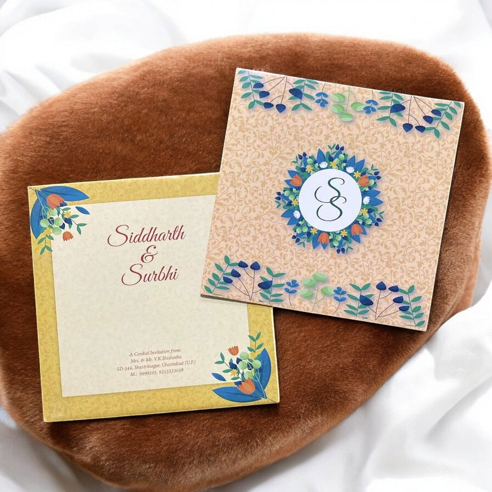 KL2020S1 Minimal Floral Frame Design Premium Paper Wedding Card with 2 Inserts and Envelope-Kalash Cards