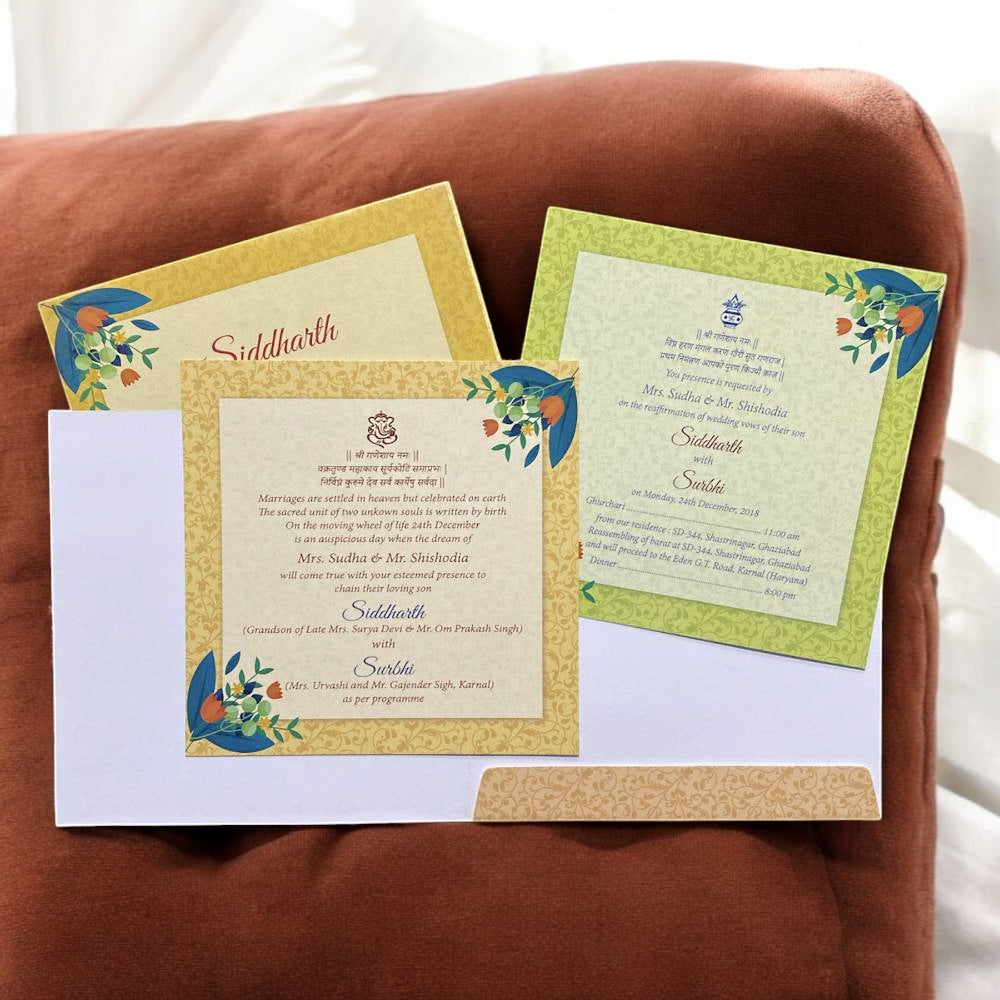 KL2020S1 Minimal Floral Frame Design Premium Paper Wedding Card with 2 Inserts and Envelope-Kalash Cards