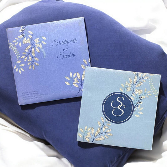 KL2012S1 Minimalist Blue Floral Design Premium Paper Wedding Card with 2 Inserts and Envelope-Kalash Cards