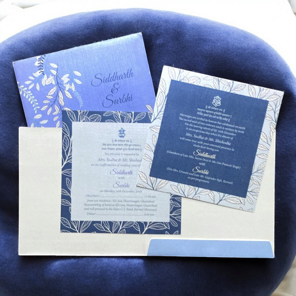 KL2012S1 Minimalist Blue Floral Design Premium Paper Wedding Card with 2 Inserts and Envelope-Kalash Cards