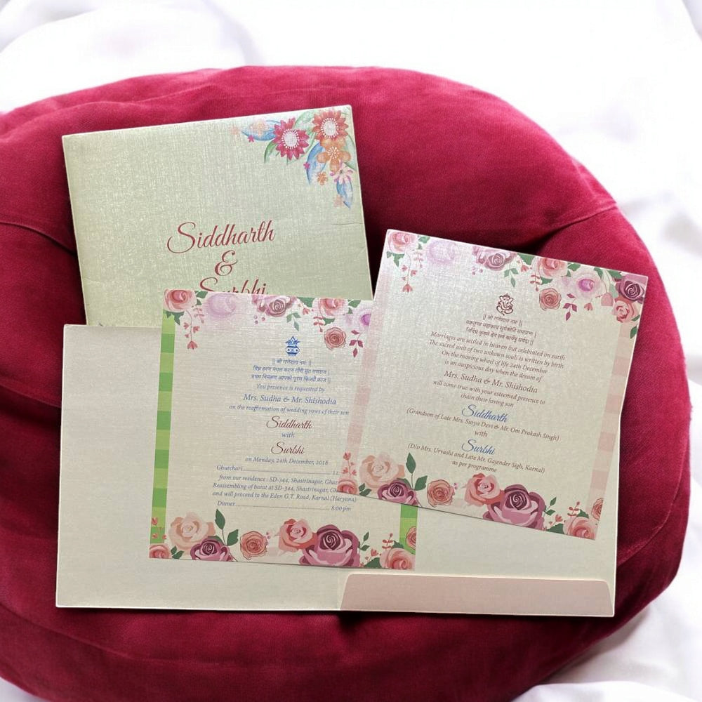 KL2011S1 Floral Design Paper Wedding Card with 2 Inserts and Envelope-Kalash Cards