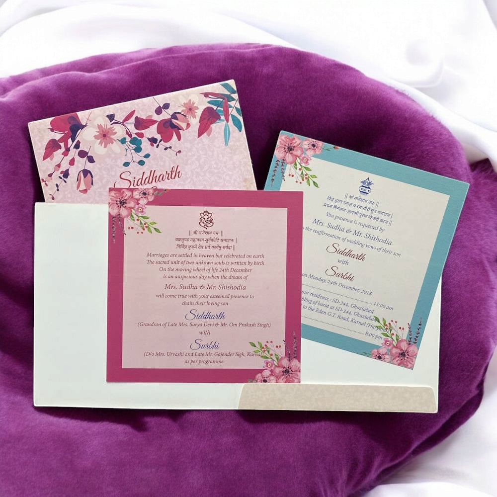 KL2004S1 Minimal Floral Design Premium Paper Wedding Card with 2 Inserts and Envelope-Kalash Cards