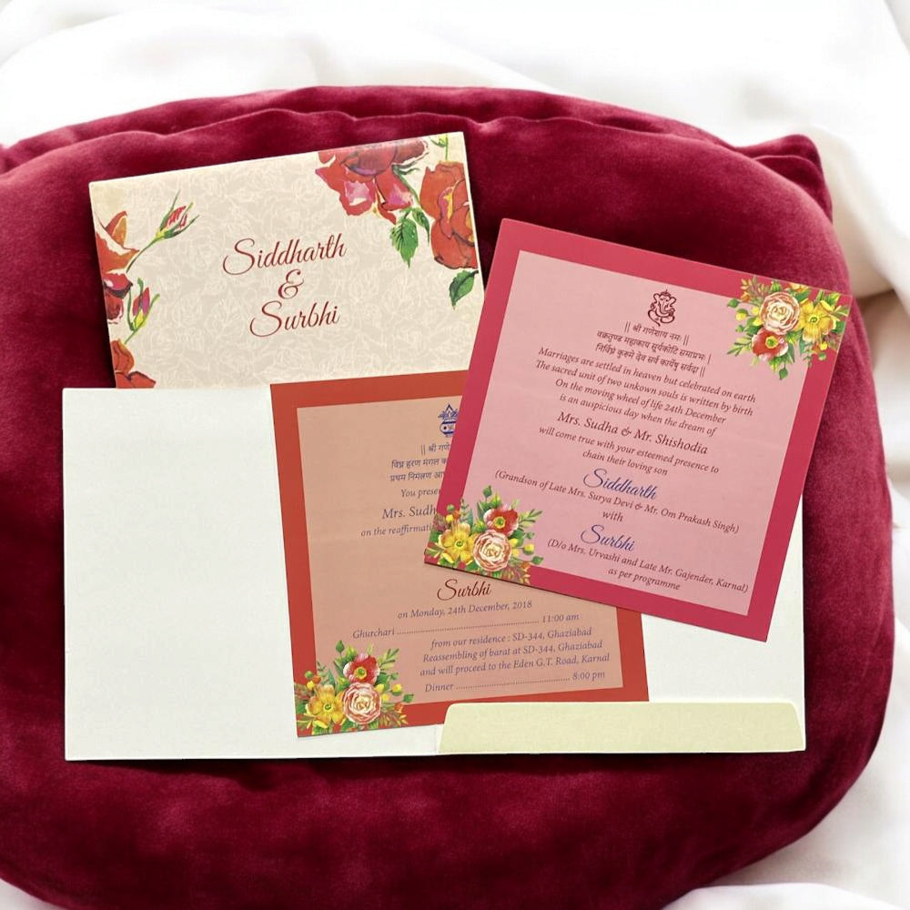 KL2002S1 Floral Design Paper Wedding Card with 2 inserts and Envelope-Kalash Cards