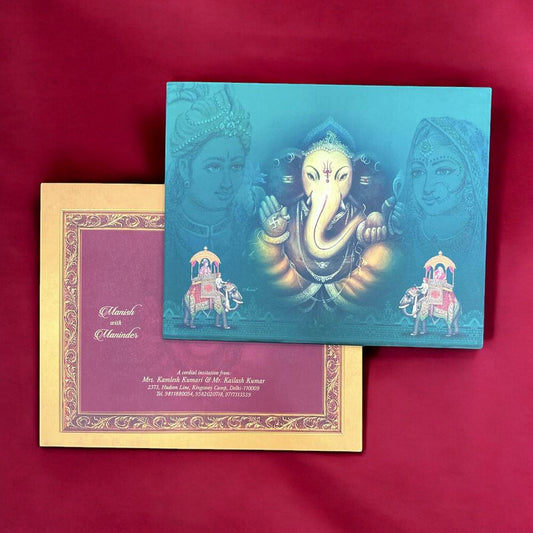 KL0221 Hindu Traditional Ganesh Design Hardbound Padding Thick Wedding Card with 2 Inserts and Envelope-Kalash Cards