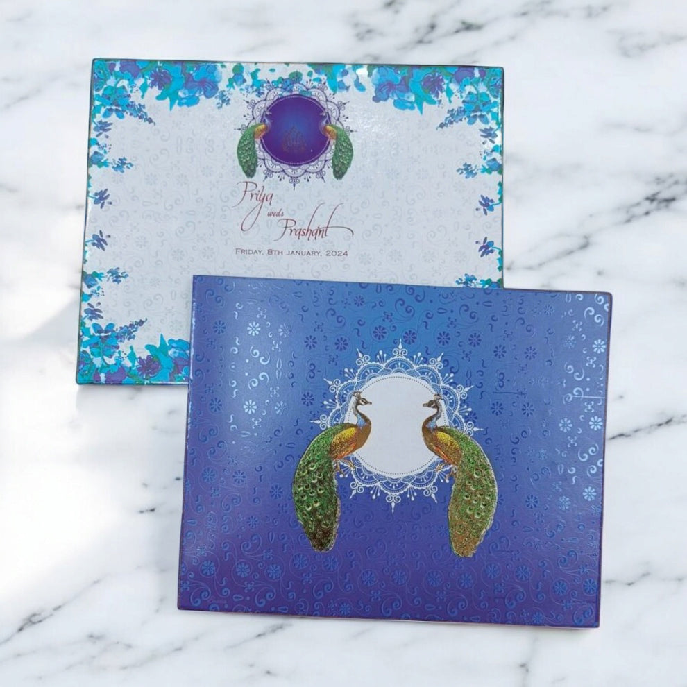 KL0195 Peacock Design Semi Box Paper Wedding Card with 2 Inserts and Envelope-Kalash Cards