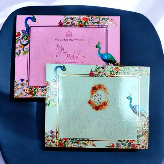 KL0194 Peacock Design Semi Box Paper Wedding Card with 2 Inserts and Envelope-Kalash Cards