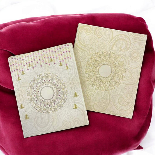 AE103 Traditional Floral Bell Design Hardbound Padded Thick Wedding Card with 2 Inserts and Envelope-Kalash Cards