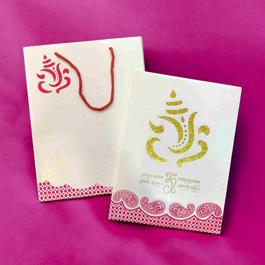 KL0178 Hindu Ganesh Design Carry Bag Style Hardbound Padding Thick Wedding Card with 2 Inserts and Envelope-Kalash Cards