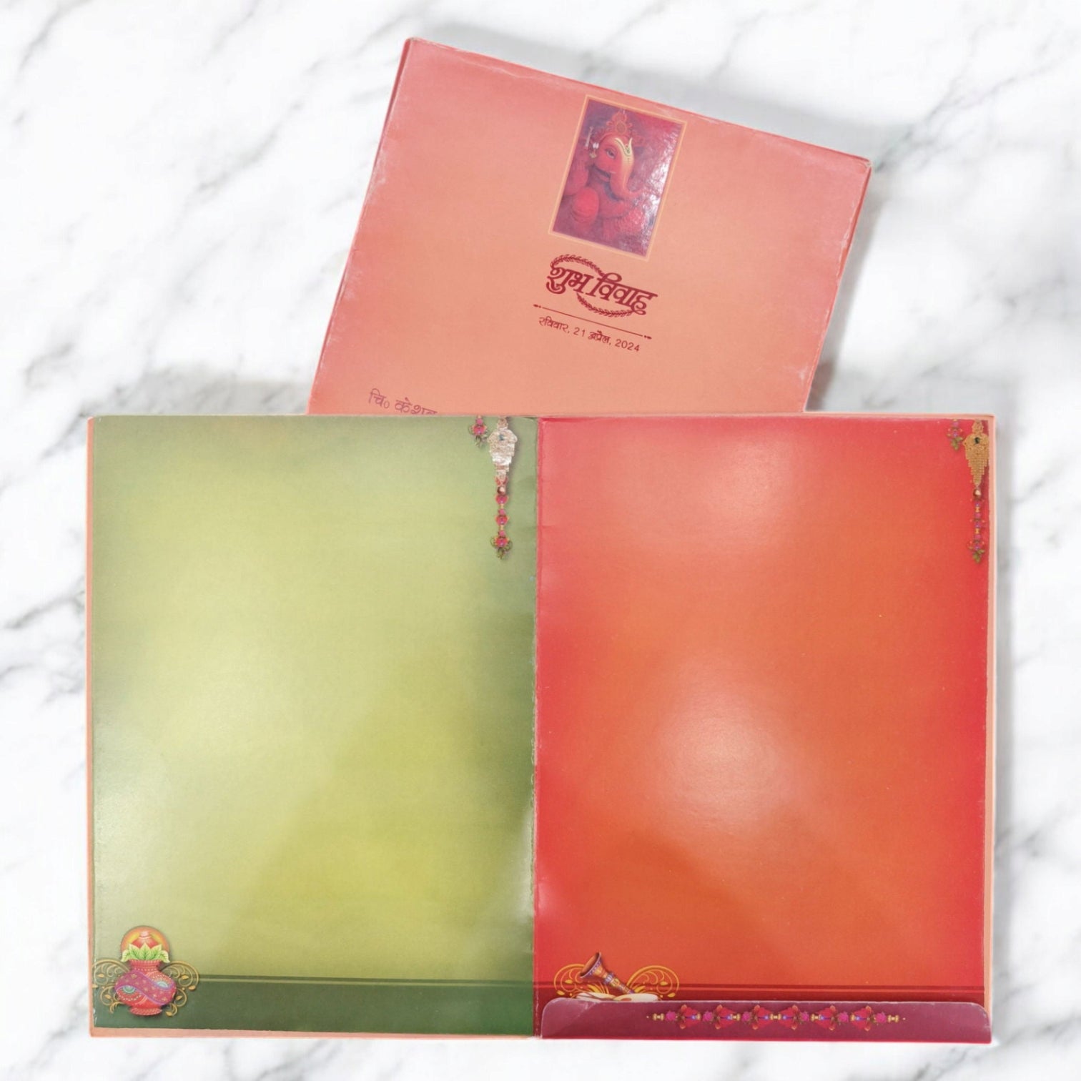 KL0641 Ganesh Semi Box Paper Wedding Card with 2 Inserts and Envelope-Kalash Cards