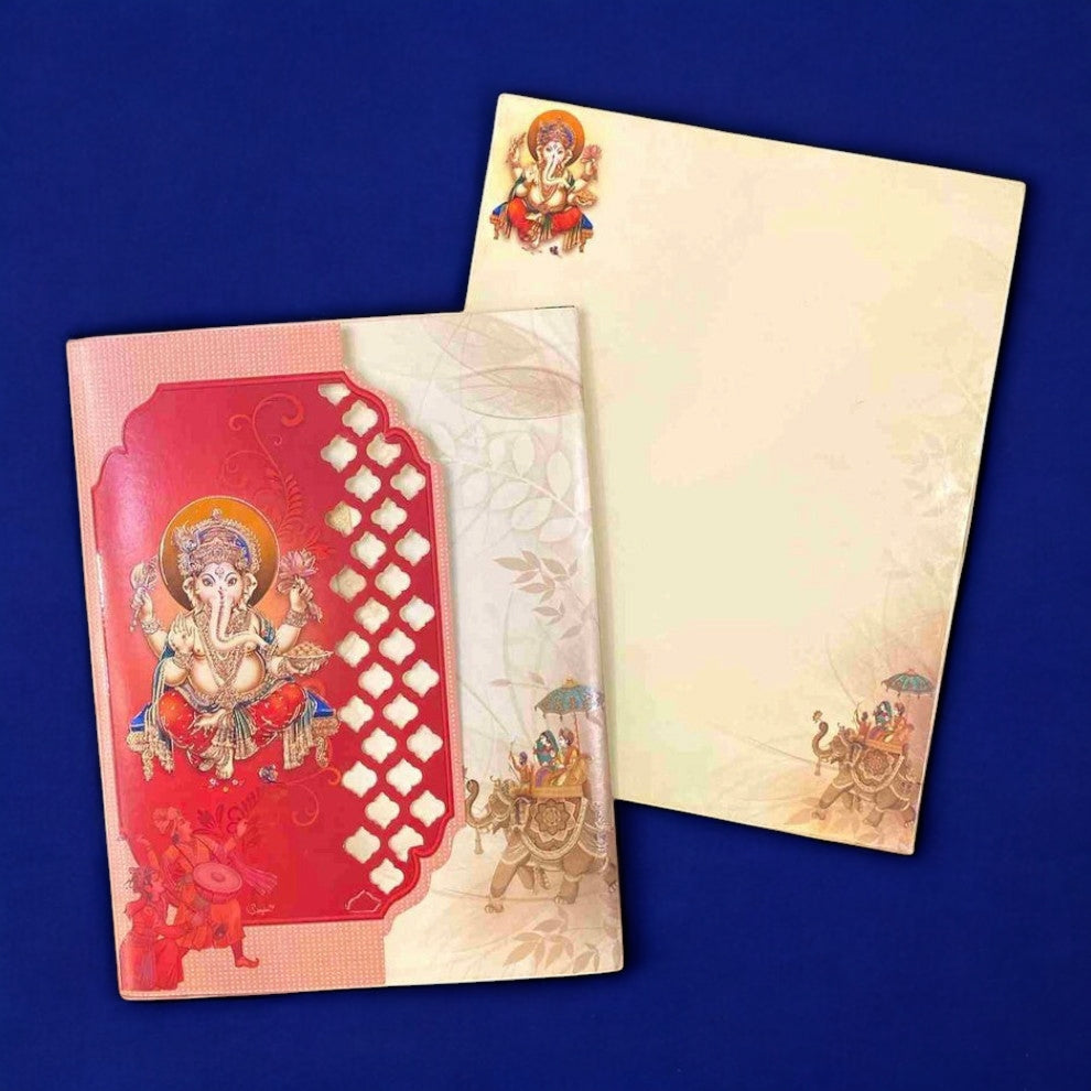 KL0649 Ganesha 3-Fold Semi Box Paper Wedding Card with 2 Inserts and Envelope-Kalash Cards