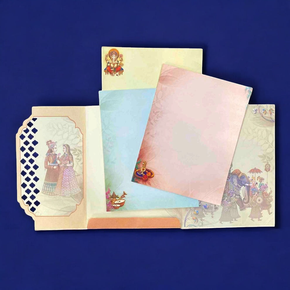 KL0649 Ganesha 3-Fold Semi Box Paper Wedding Card with 2 Inserts and Envelope-Kalash Cards