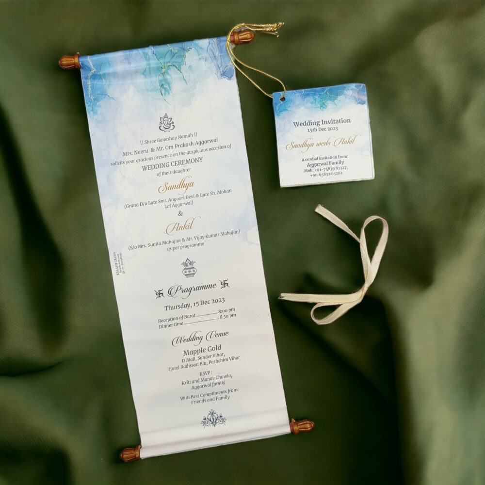 KL2115 Paper Scroll Wedding Card with Tag - Kalash Cards