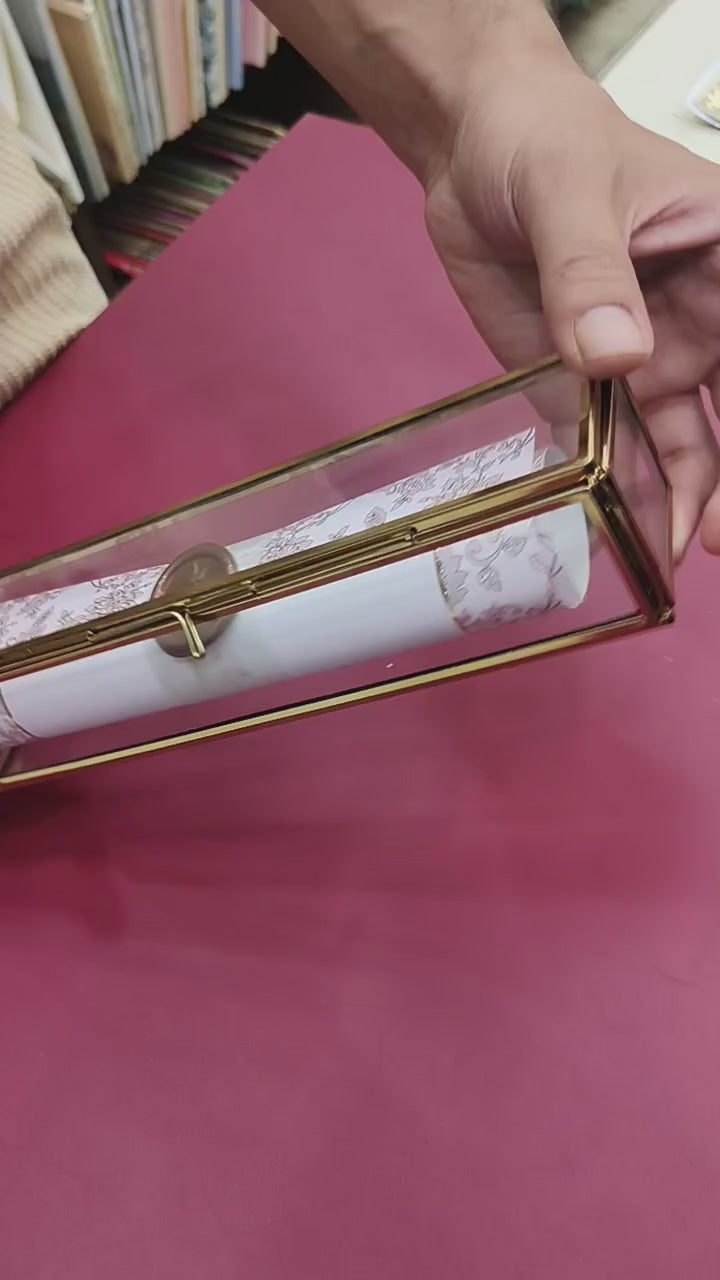 KL42 Floral Border Design Premium Gold Foil Paper Scroll Wedding Card with Luxury Transparent Glass Metal Box