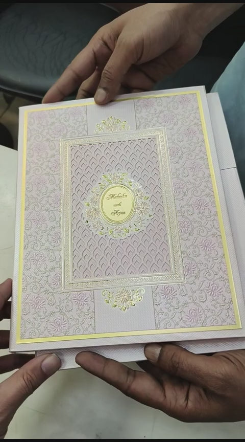 KLB528 Light Pink Jharokha Theme Laser Cut Work Hardboard Padding Thick Wedding Card (2 Thick Page & Couple Name)
