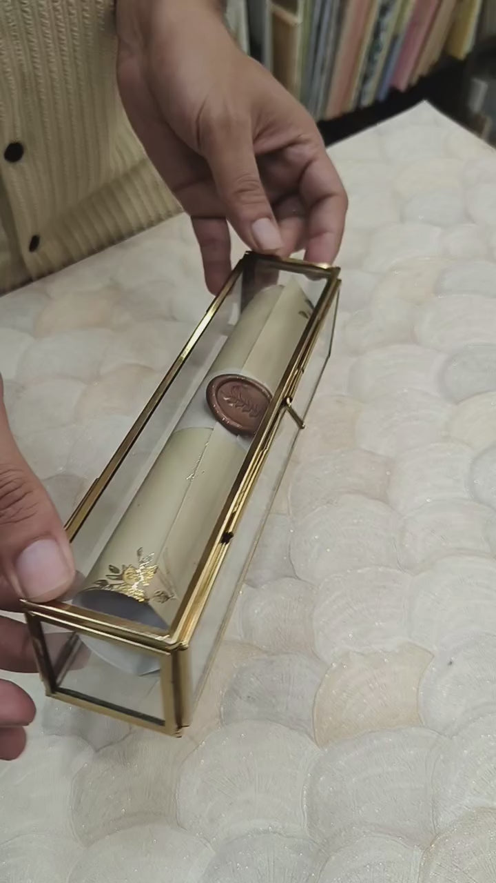 KL41 Royal Arch Elephant Design Premium Gold Foil Paper Scroll Wedding Card with Luxury Transparent Glass Metal Box