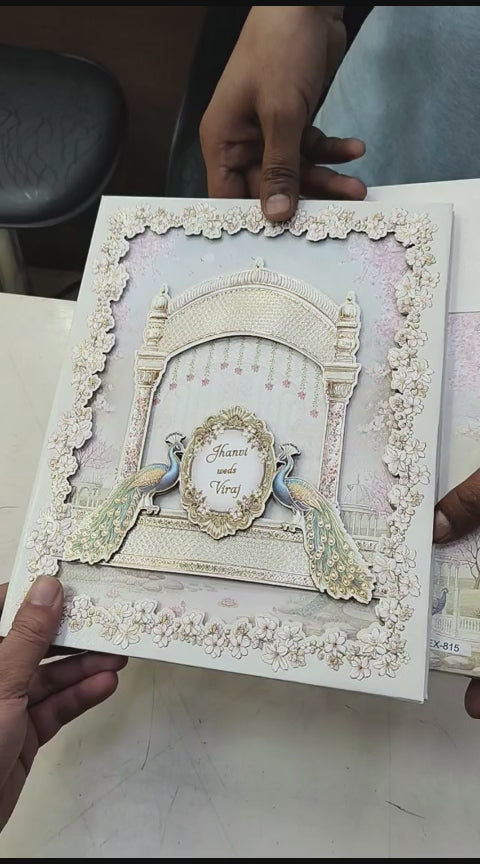 KLB508 Peacock Theme Glitter Gold Laser Cut Work Hardboard Padding Thick Wedding Card (2 Thick Page)